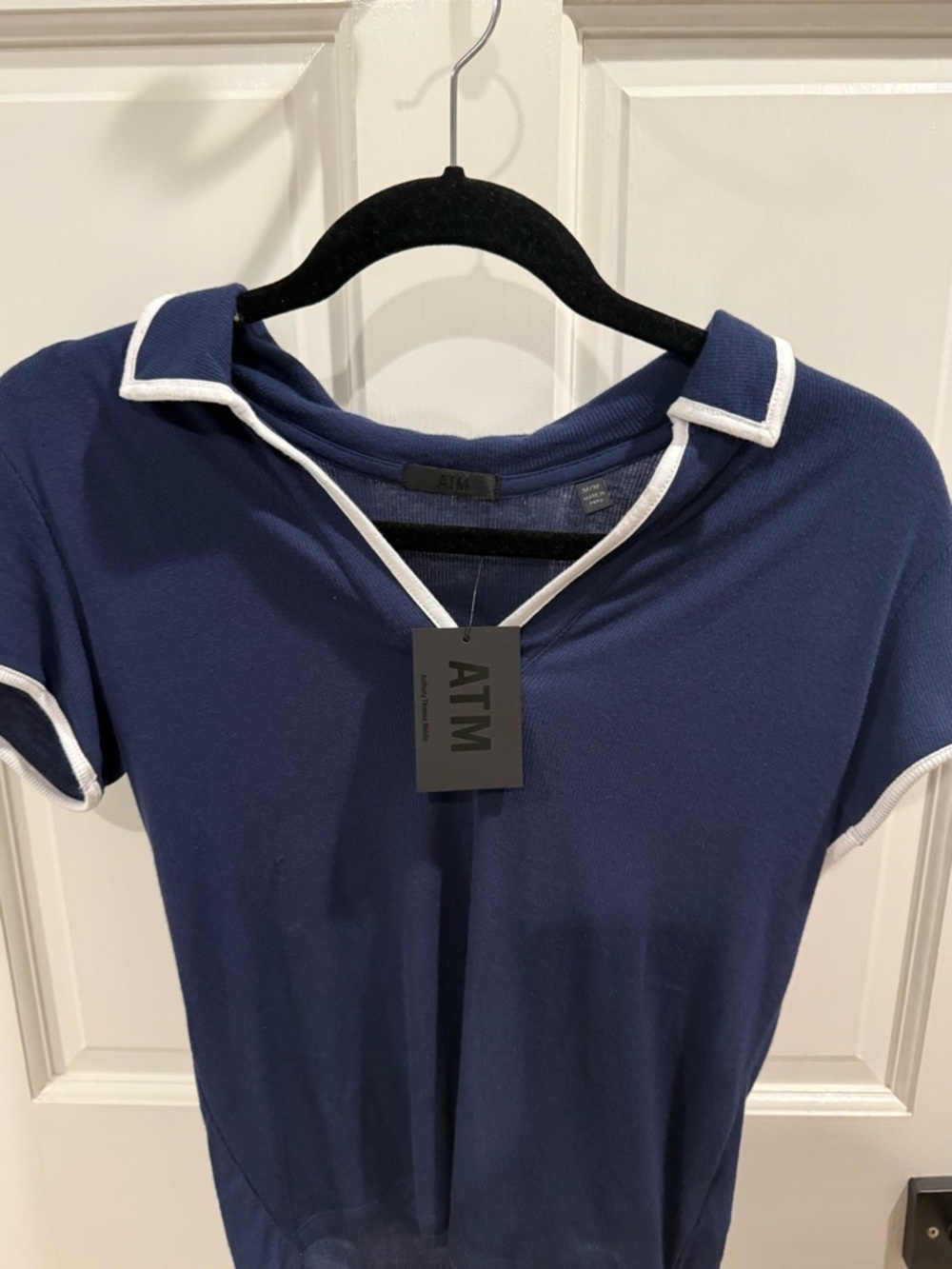 NWT ATM Anthony Thomas Melillo Navy Short-Sleeve Polo Top with White Trim